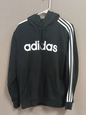 adidas Men's Black Hoodie Sweatshirt with White Logo and Stripes